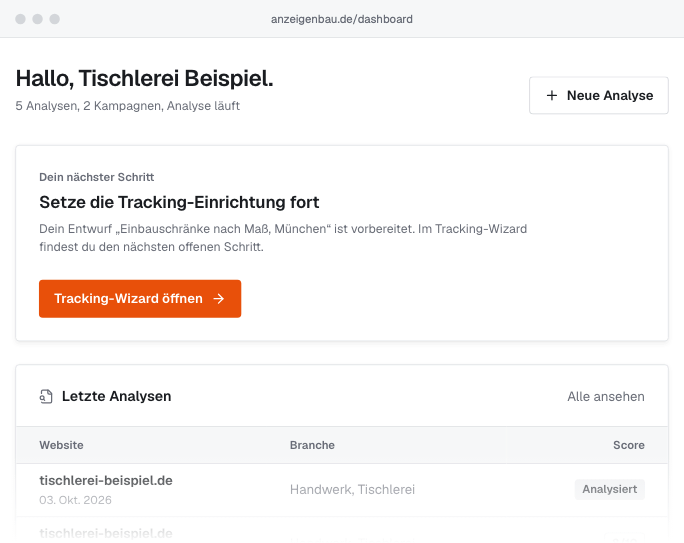 Dashboard der App: Begrüßung der Tischlerei Beispiel, nächster Schritt Tracking-Einrichtung fortsetzen mit Knopf zum Tracking-Wizard, darunter die letzten Analysen.