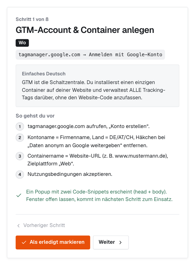 Tracking-Wizard in der App: Schritt 1 von 8, GTM-Account und Container anlegen, mit Erklärung in einfachem Deutsch und vier Handgriffen.